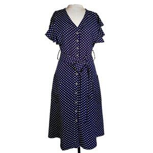 Polka Dot Midi Dress V-neck Flutter Sleeve Navy M